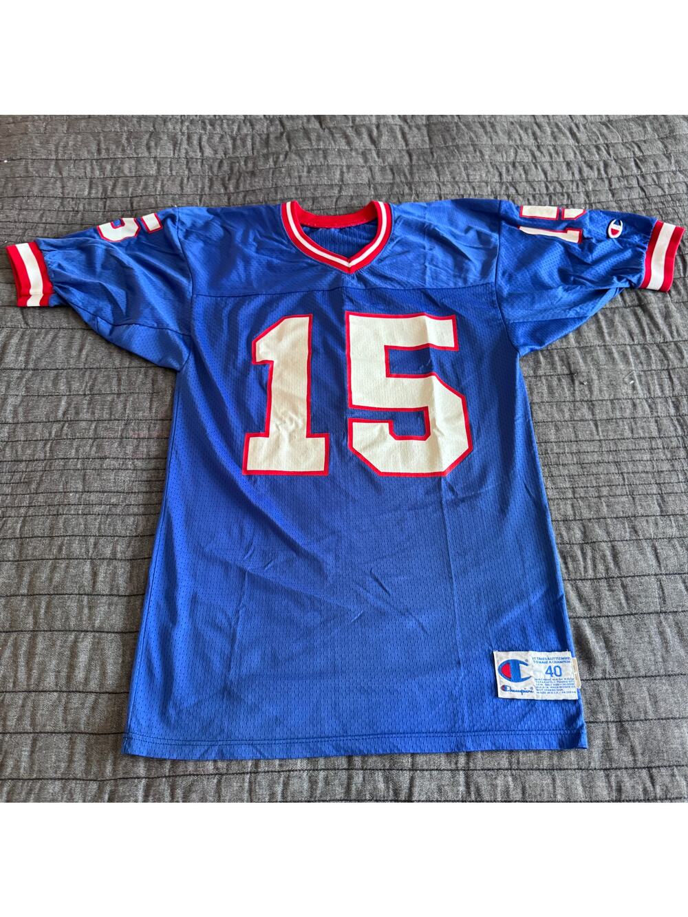 Vintage Champion NFL New York Giants Jeff Hostetler Mens 44 Blue Jersey Nylon